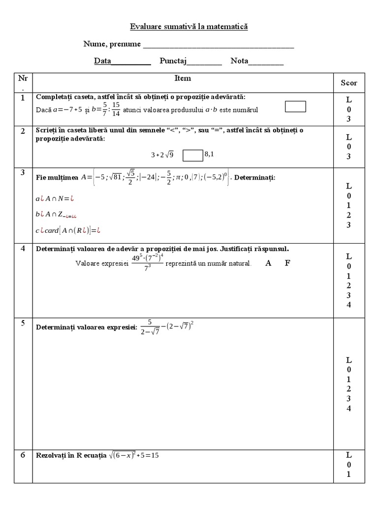 Evaluare Puteri Si Radicali PDF
