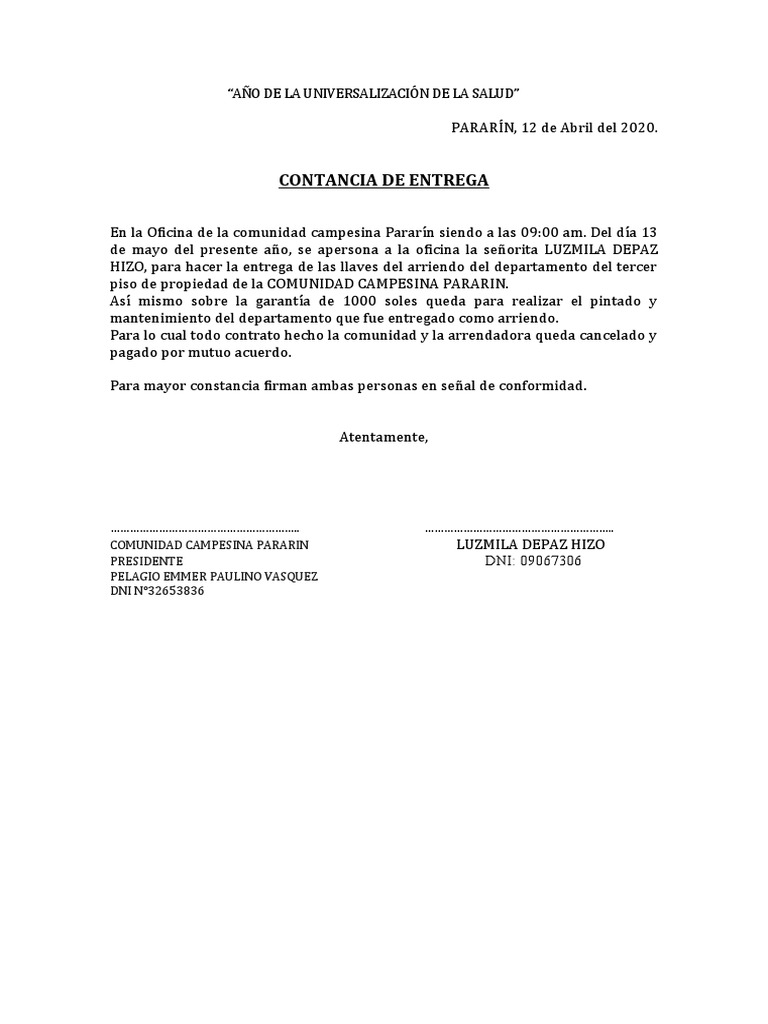 Constancia de Entrega Llave PDF