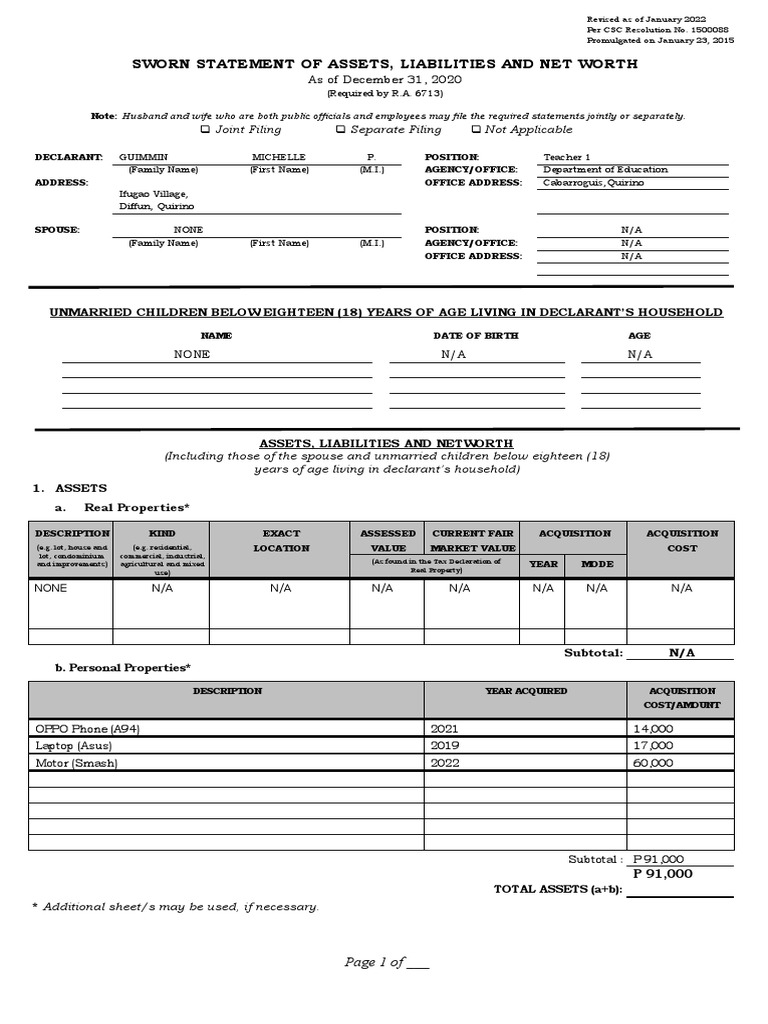 Sworn Statement of Assets 2020 | PDF | Net Worth | Economies