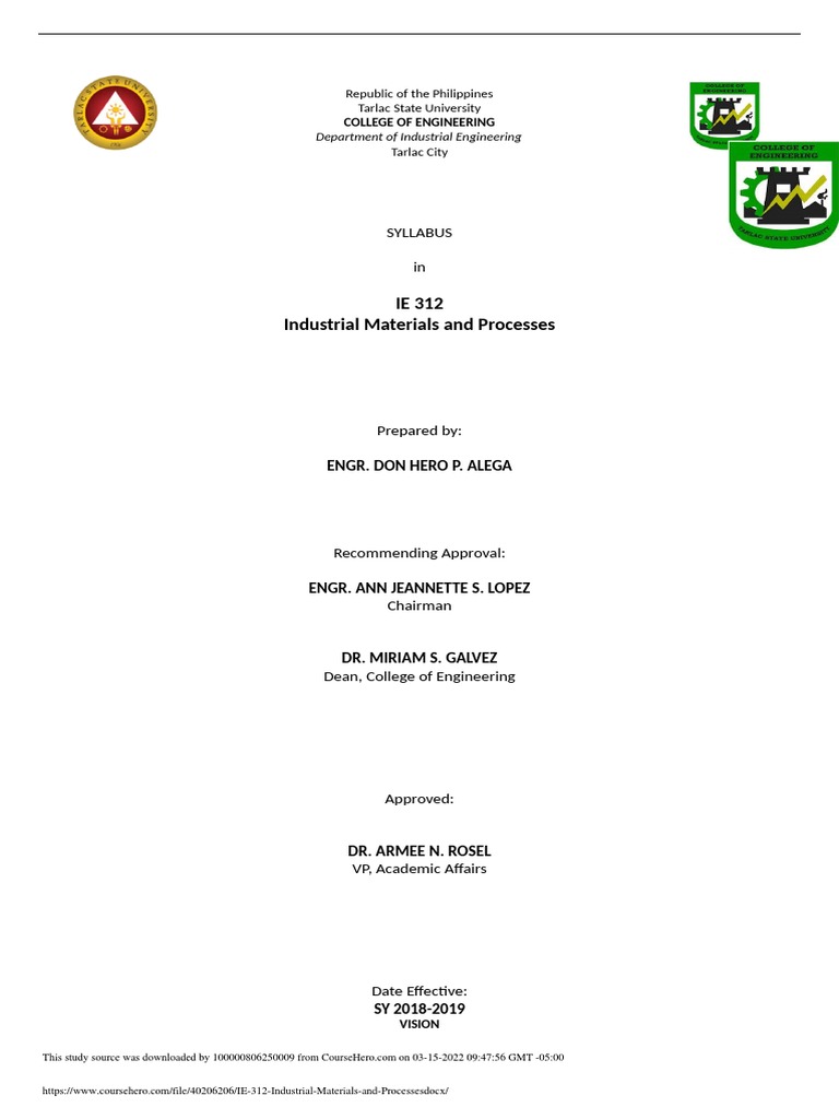 IE 312 Industrial Materials and Processes PDF Engineering