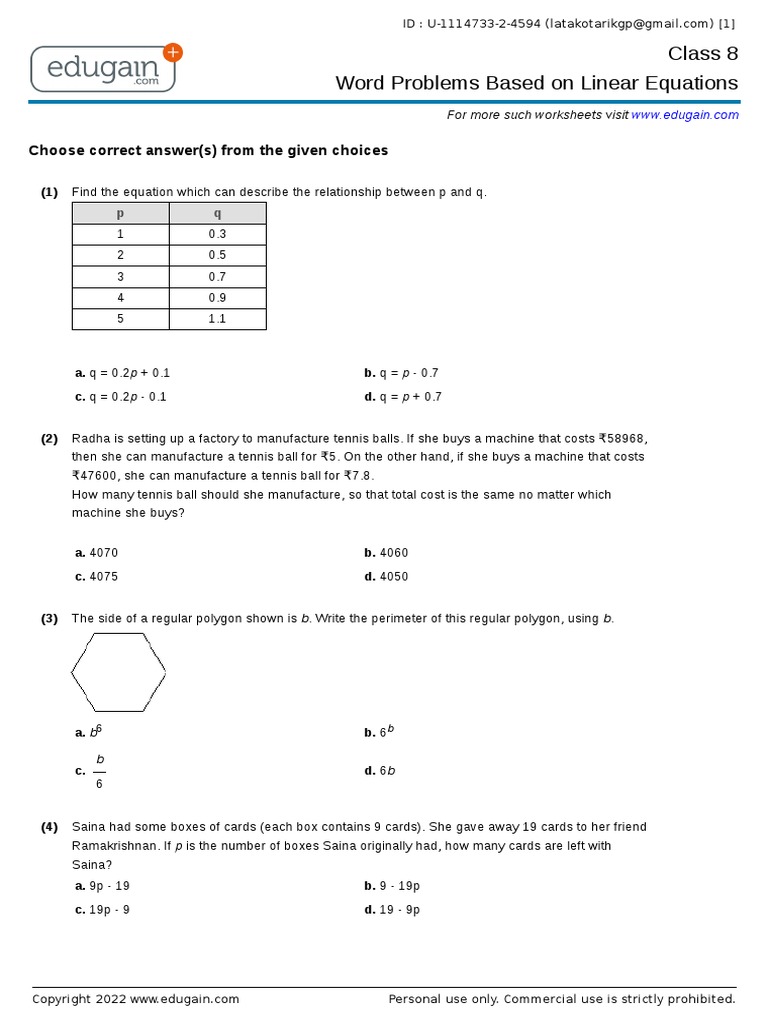 Class 8 Word Problems Based On Linear Equations: Choose Correct Answer ...
