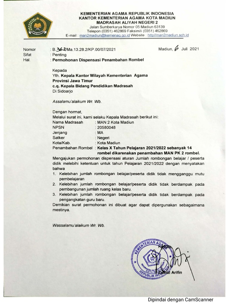 Surat Permohonan Penambahan Rombel PDF