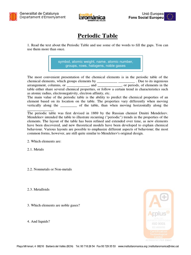Periodic Table Overview and Activities | PDF | Periodic Table ...