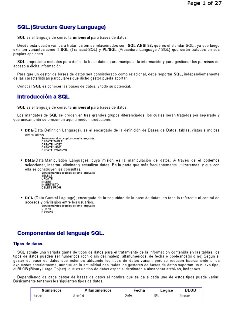 SQL. (Structure Query Language) | PDF | SQL | Recuperación de información
