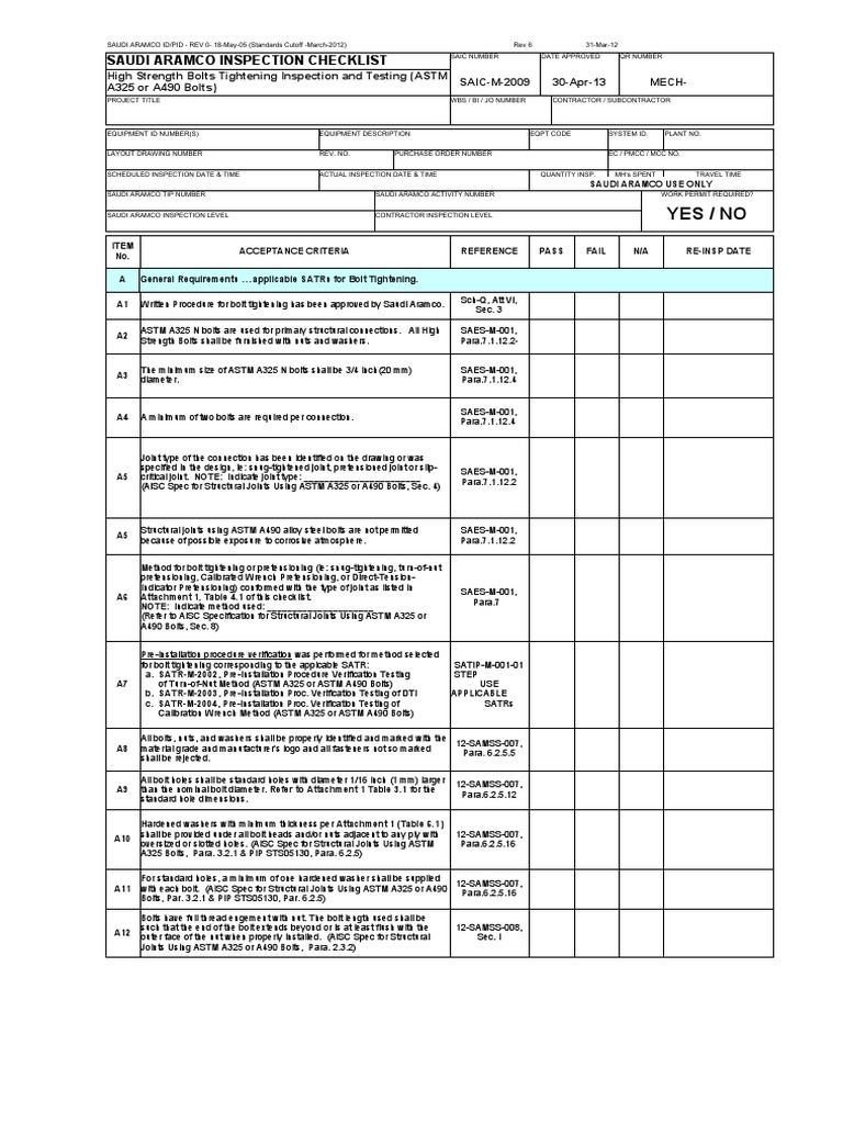 High Strength Bolts Inspection Checklist | PDF