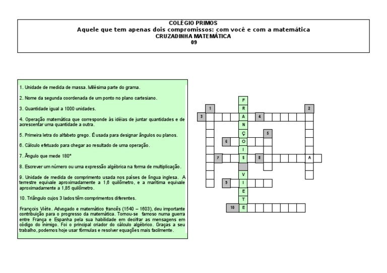 Cruzadinha Matemática para imprimir