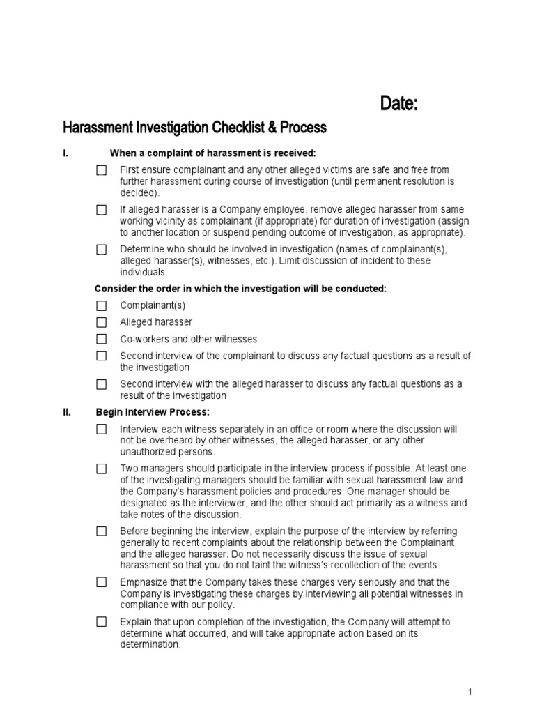 Harassment Investigation Checklist | PDF | Sexual Harassment | Witness