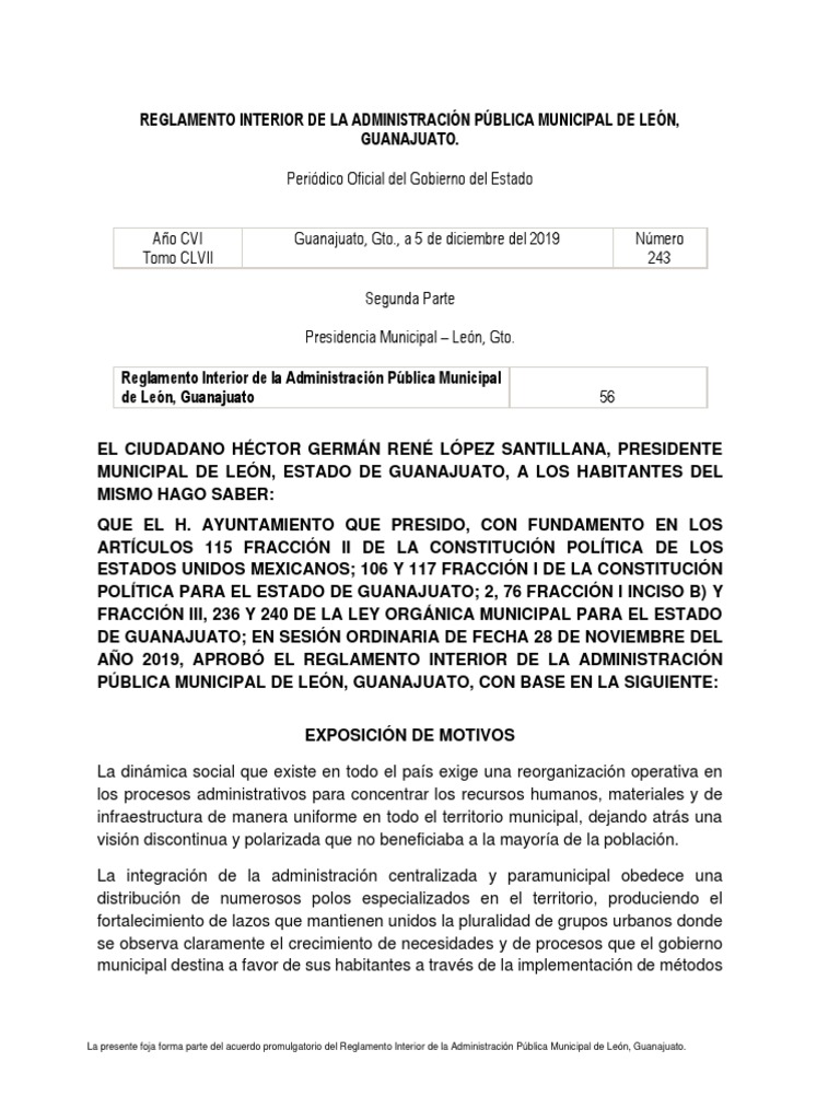 Reglamento Interior de La Administracion Publica Municipal de Leon Guanajuato (Nov 2020) Vigente