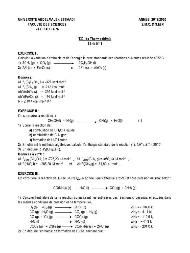 Exercices de Thermochimie 2019-2020 | PDF | Enthalpie | Mécanique des ...