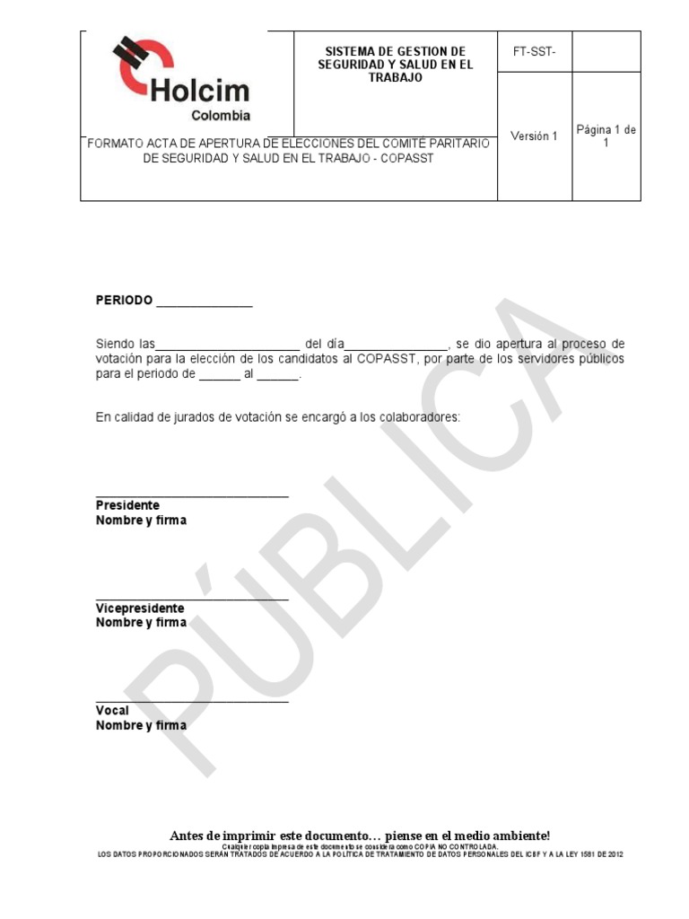 010 Formato Acta de Apertura de Elecciones Del COPASST | PDF