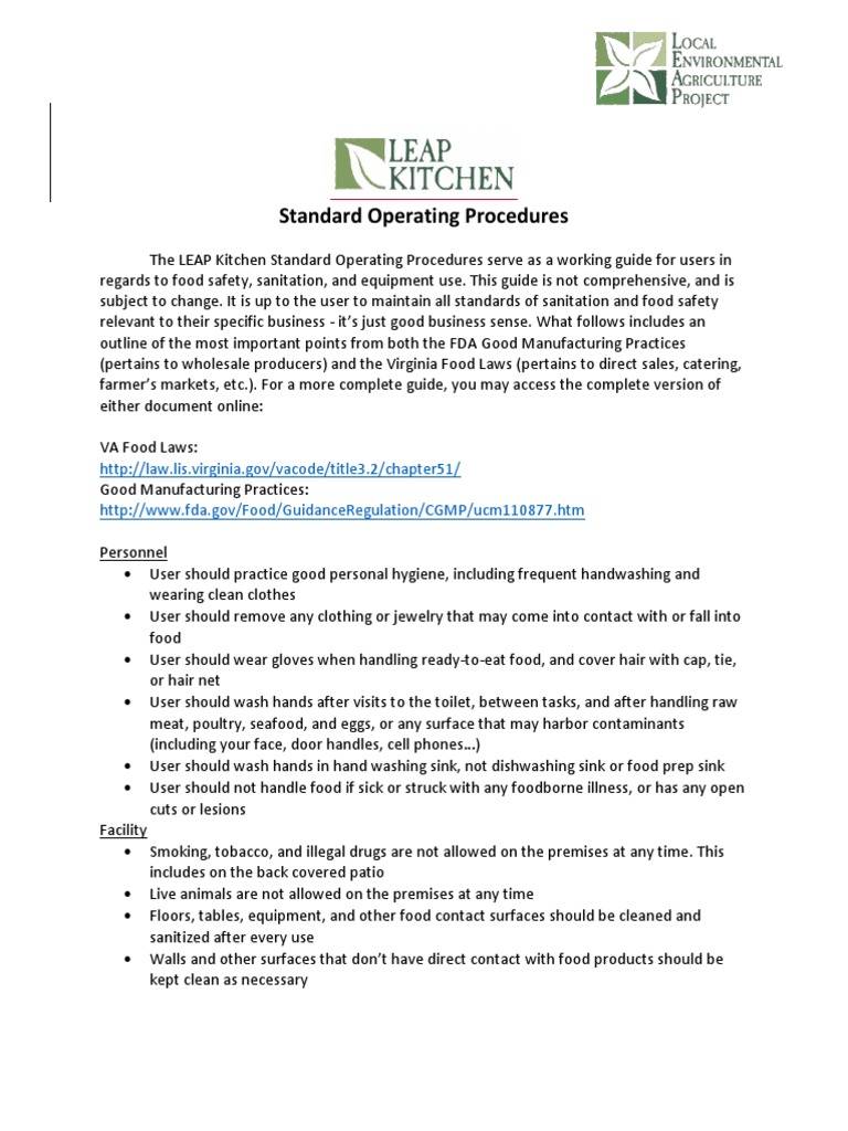 Standard Operating Procedures PDF Foods Food Safety