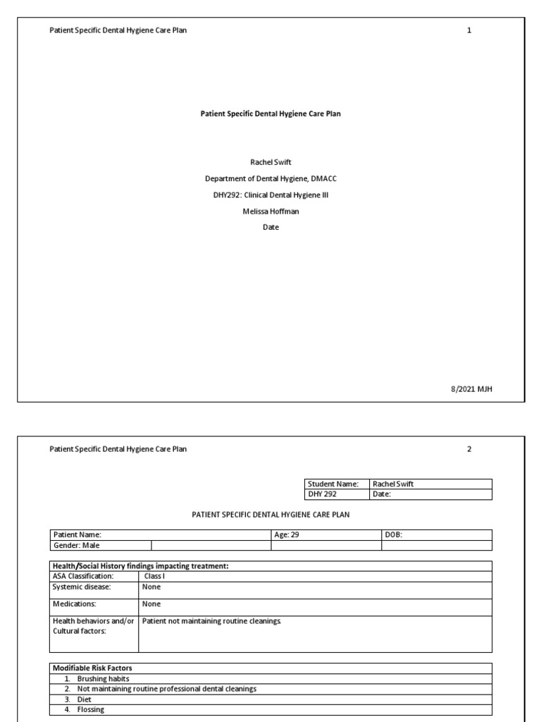 Patient Specific Dental Hygiene Care Plan PDF Oral Hygiene