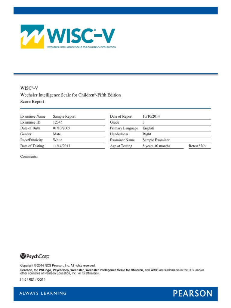 WISC-V Score Report Summary | PDF | Wechsler Adult Intelligence Scale ...