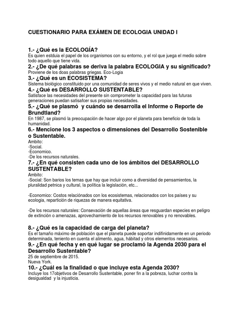 Cuestionario para Exámen de Ecologia-2022 | PDF | Sustentabilidad | Red ...