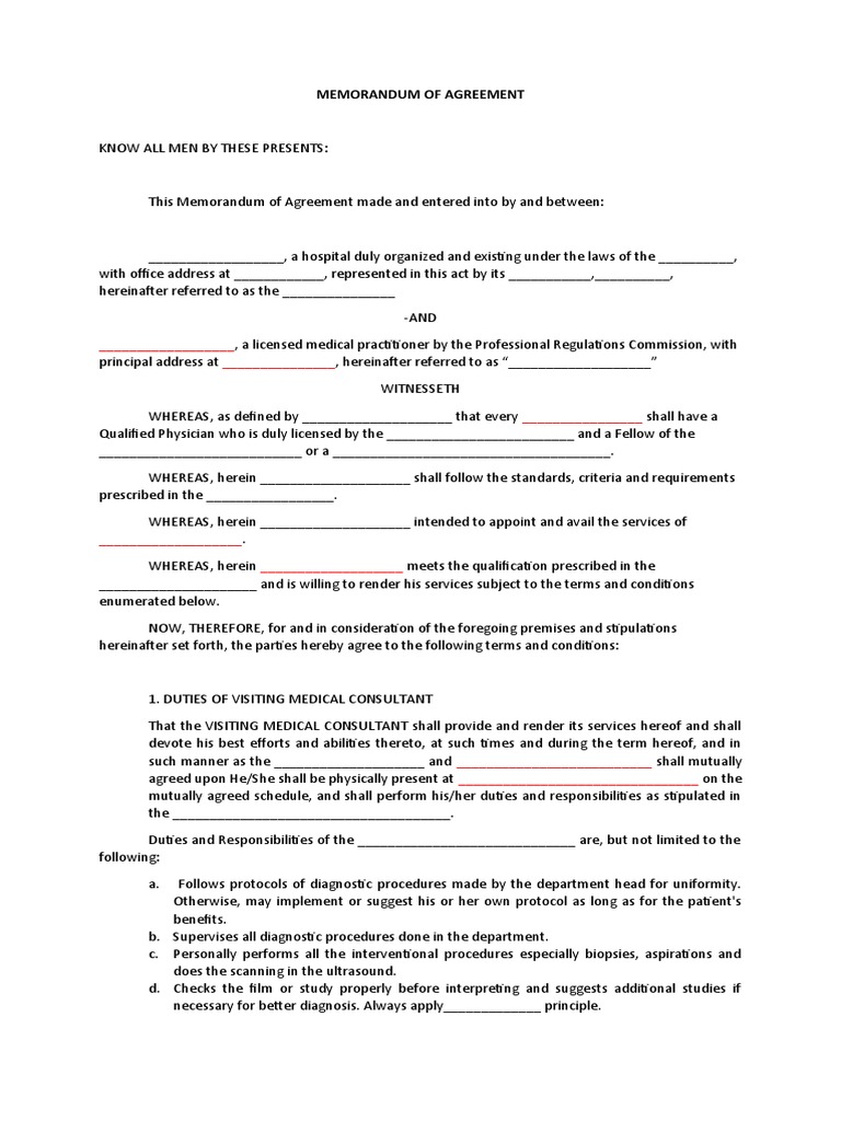 MEMORANDUM OF AGREEMENT - MEDICAL CONSULTANT Template | PDF