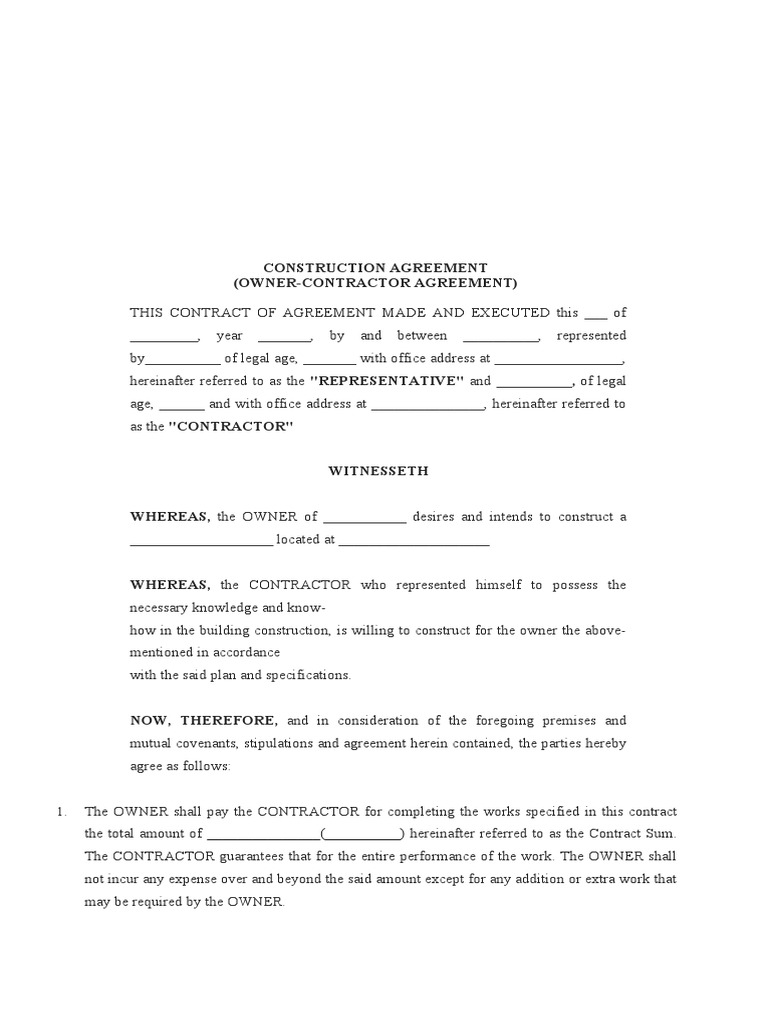 Owner-Contractor Construction Agreement | PDF | General Contractor ...