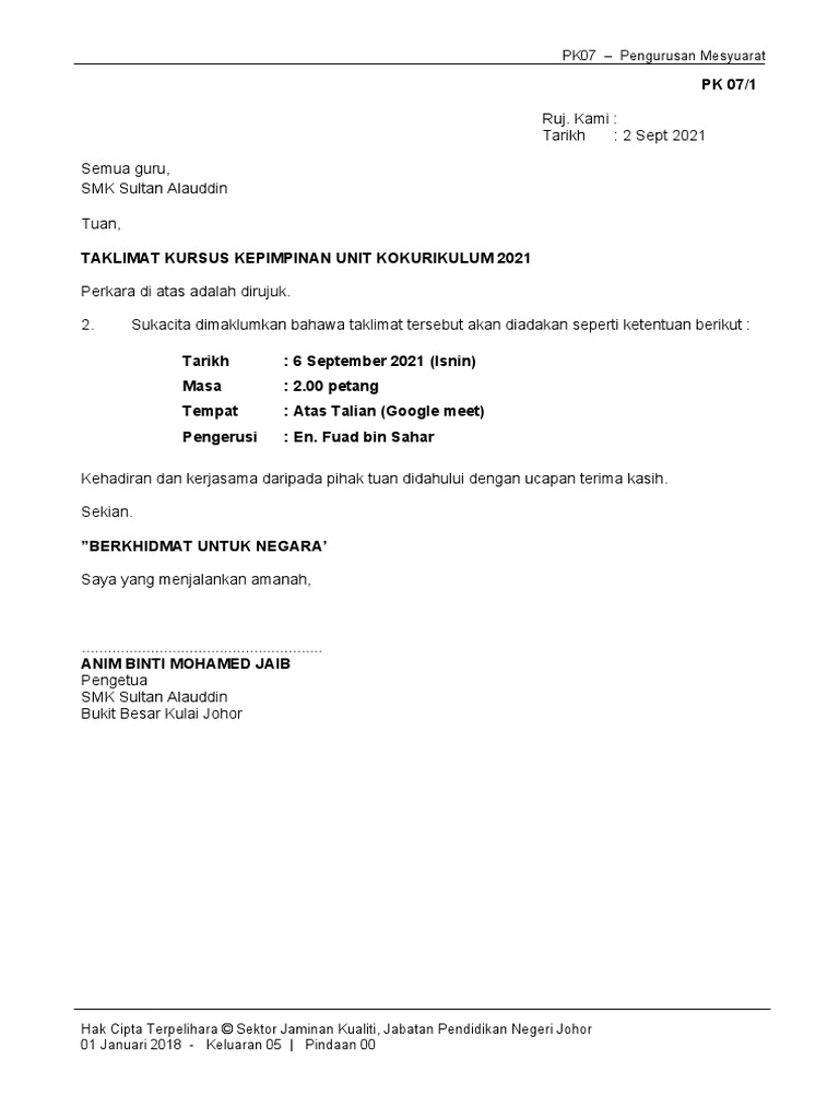 Surat Panggilan Kursus Kepimpinan Koko | PDF