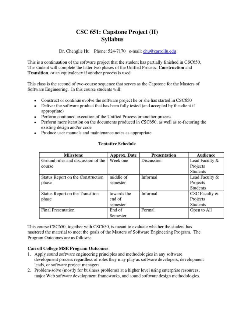 CSC 651 Capstone Project (II) Syllabus Transition, or An Equivalency