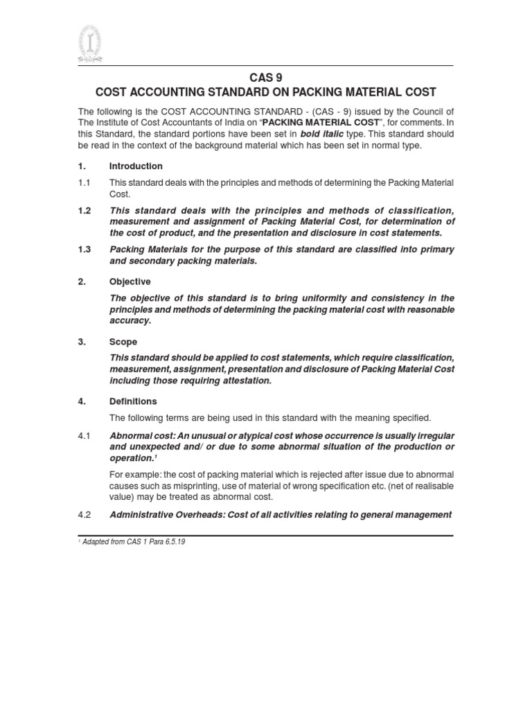Cas 9 Cost Accounting Standard On Packing Material Cost Adapted From CAS 1 para 6.5.19 PDF