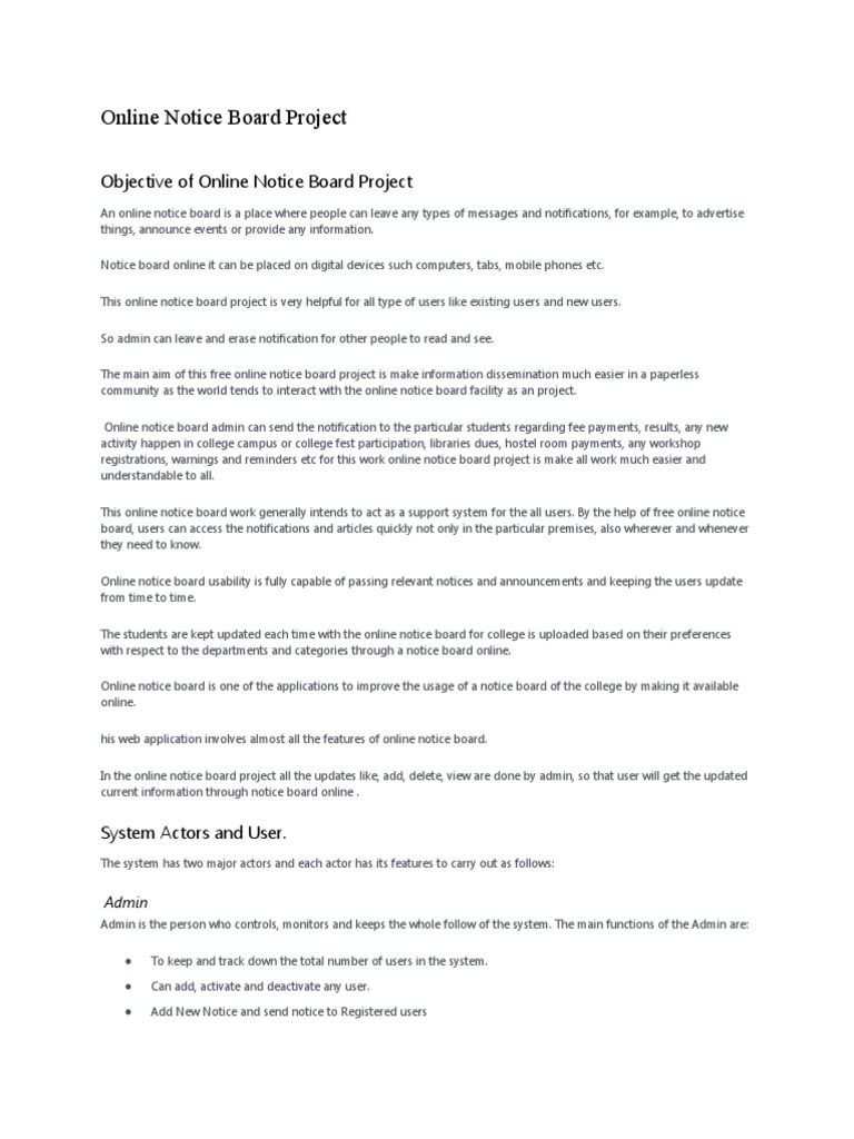 Objective of Online Notice Board Project PDF World Wide  & 