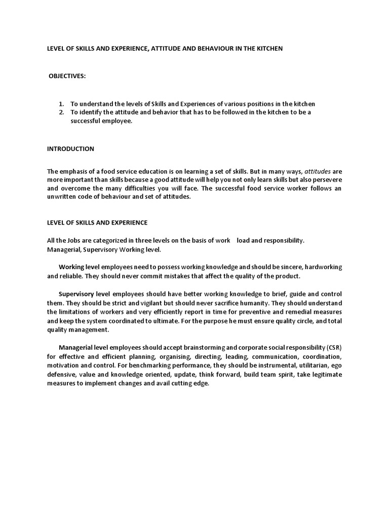 Skills and Attitudes in Cookery | PDF | Attitude (Psychology) | Chef