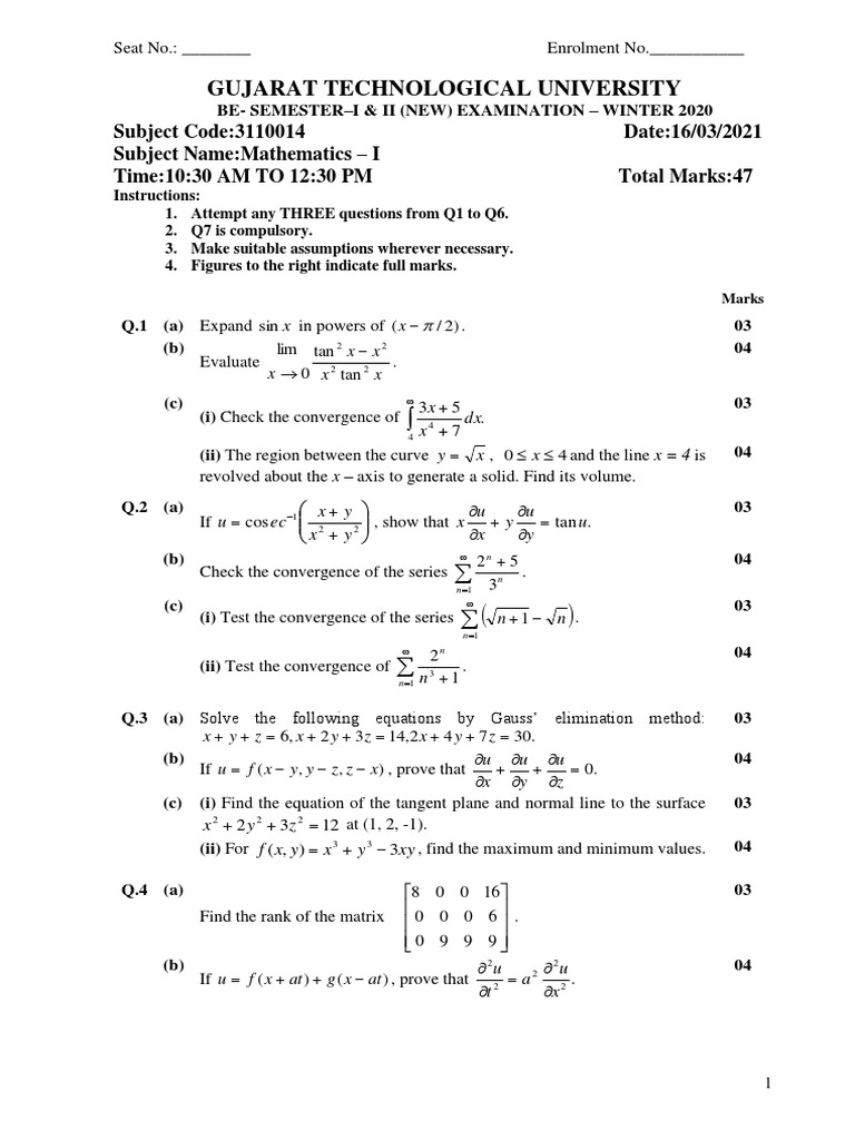 Gujarat Technological University PDF Calculus Mathematical Analysis