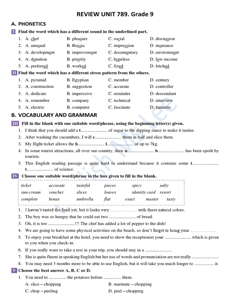 REVIEW UNIT 789. Grade 9: B. Vocabulary and Grammar | PDF | Meal | Lunch