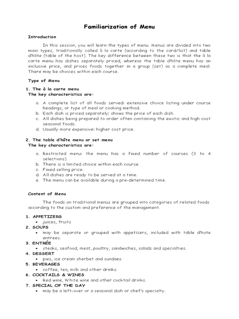 Familiarization of Menu | Download Free PDF | Menu | Food Industry