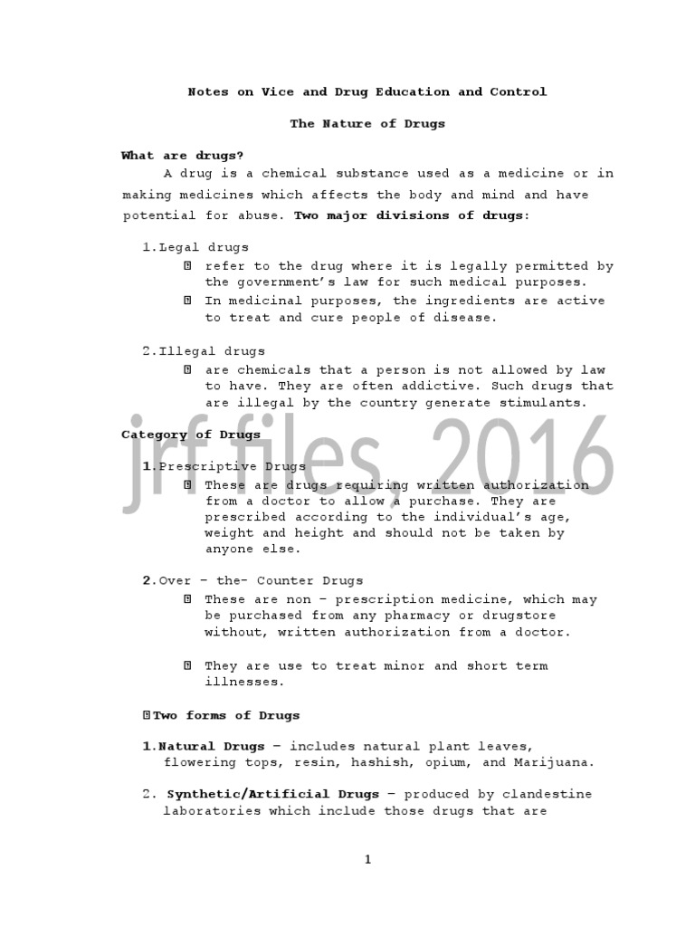 Notes on vice and drug education and control the nature of drugs what