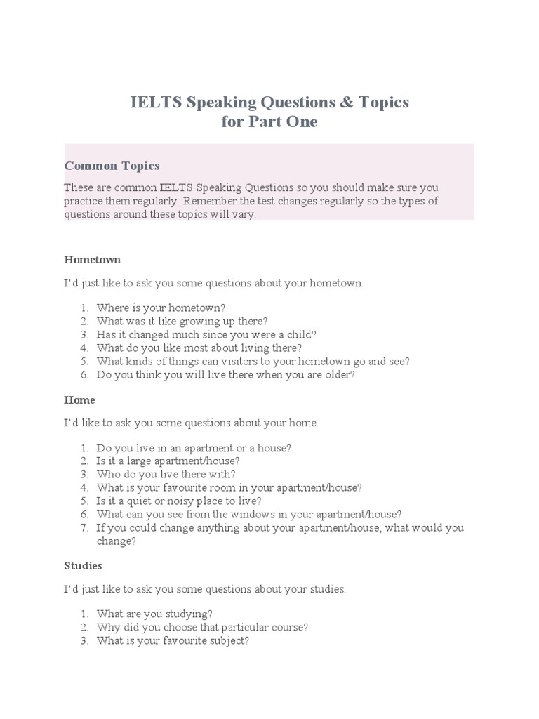 IELTS Speaking Questions Guide | PDF | Pet | International English ...