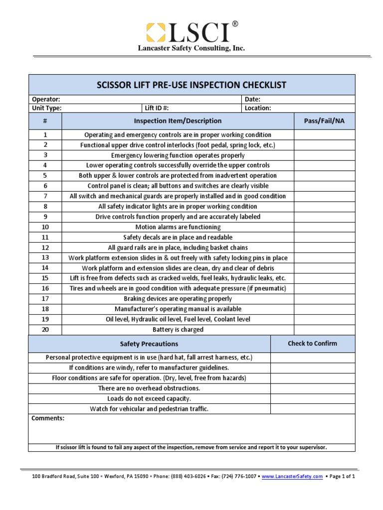 Scissor Lift PreUse Inspection Checklist 2 PDF Elevator Transport