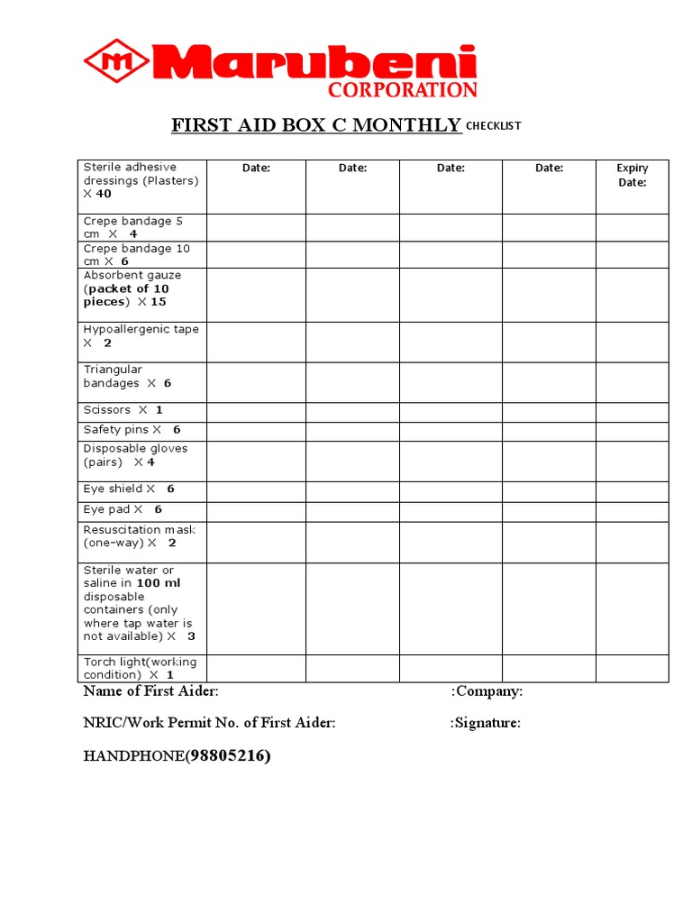 First Aid Box Inspection Checklist