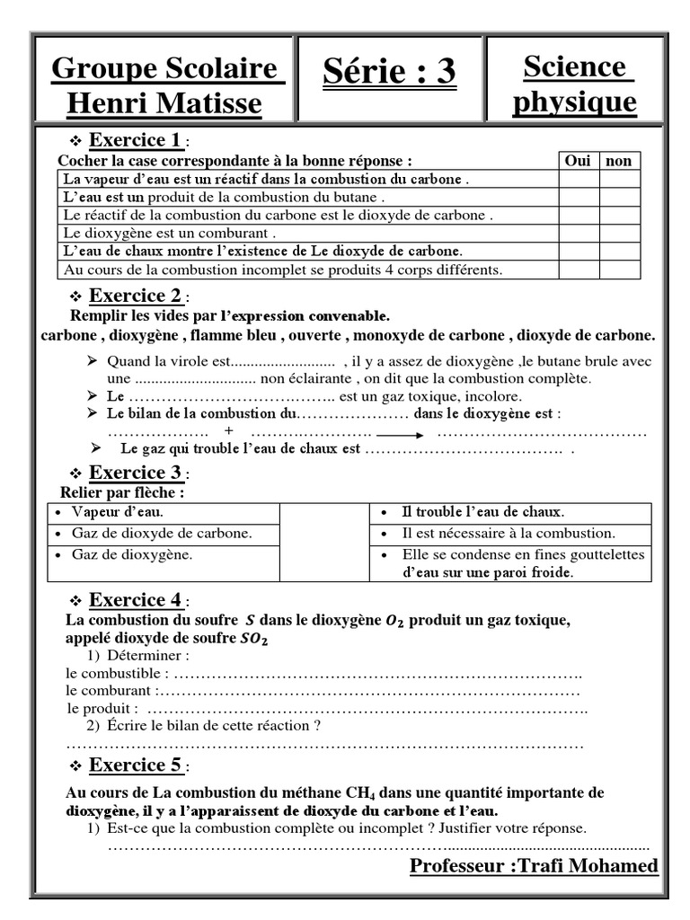 Exercices sur la combustion 4ème | PDF | La combustion | Dioxyde de soufre