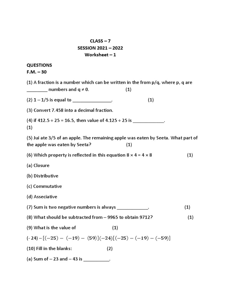 Class 7 Worksheet-1 | PDF