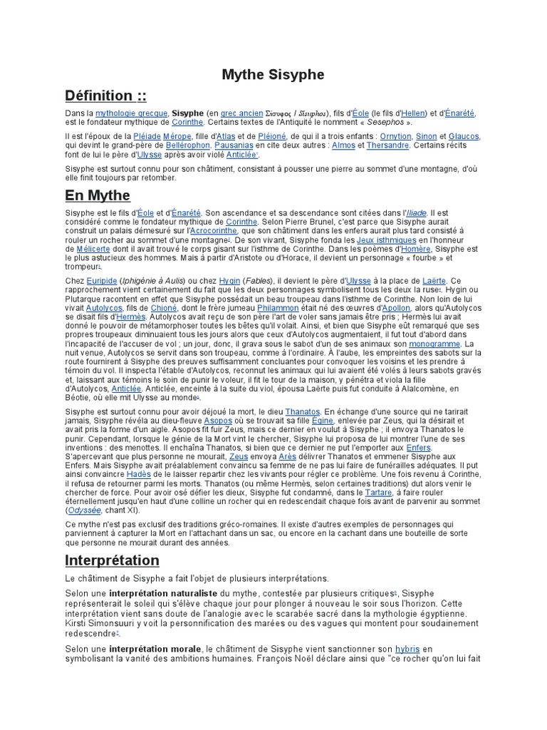 Mythe de Sisyphe : Châtiment et Sens | PDF | Mythologie | Divinités ...