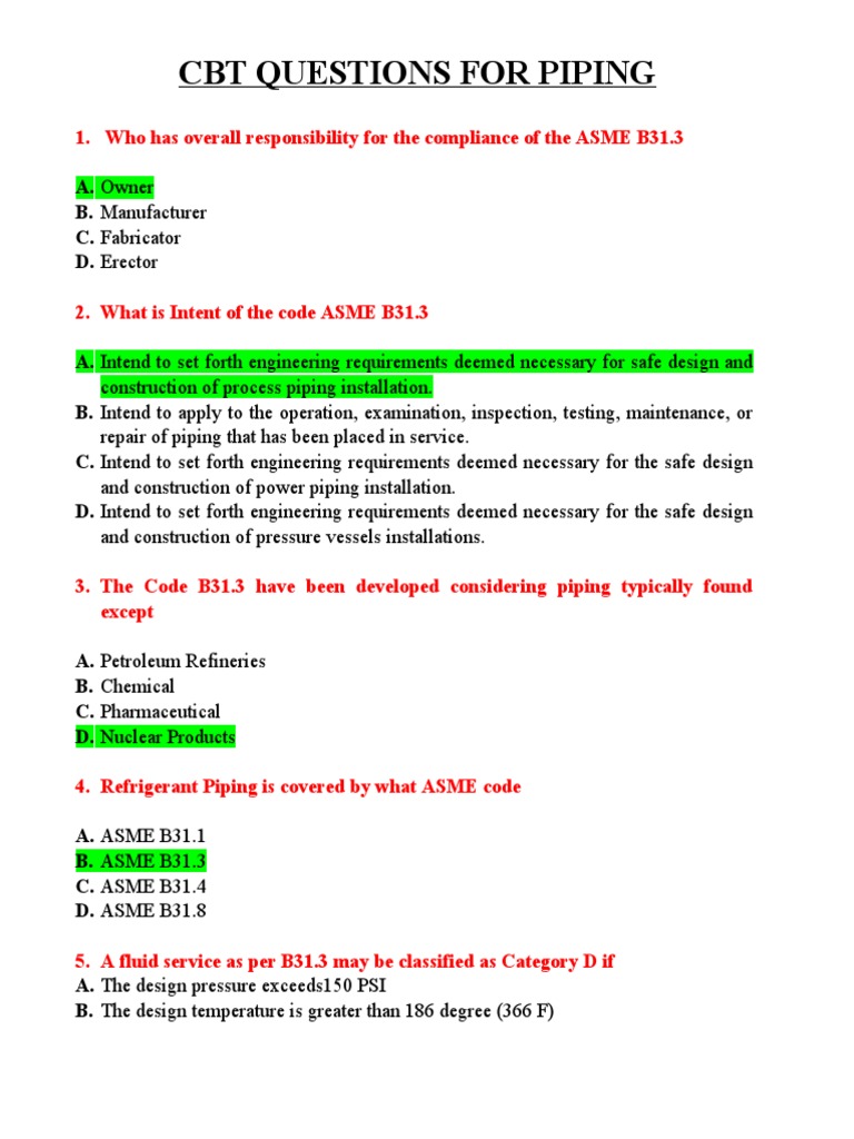 CBT Questions for Piping Code Compliance PDF Pipe (Fluid Conveyance