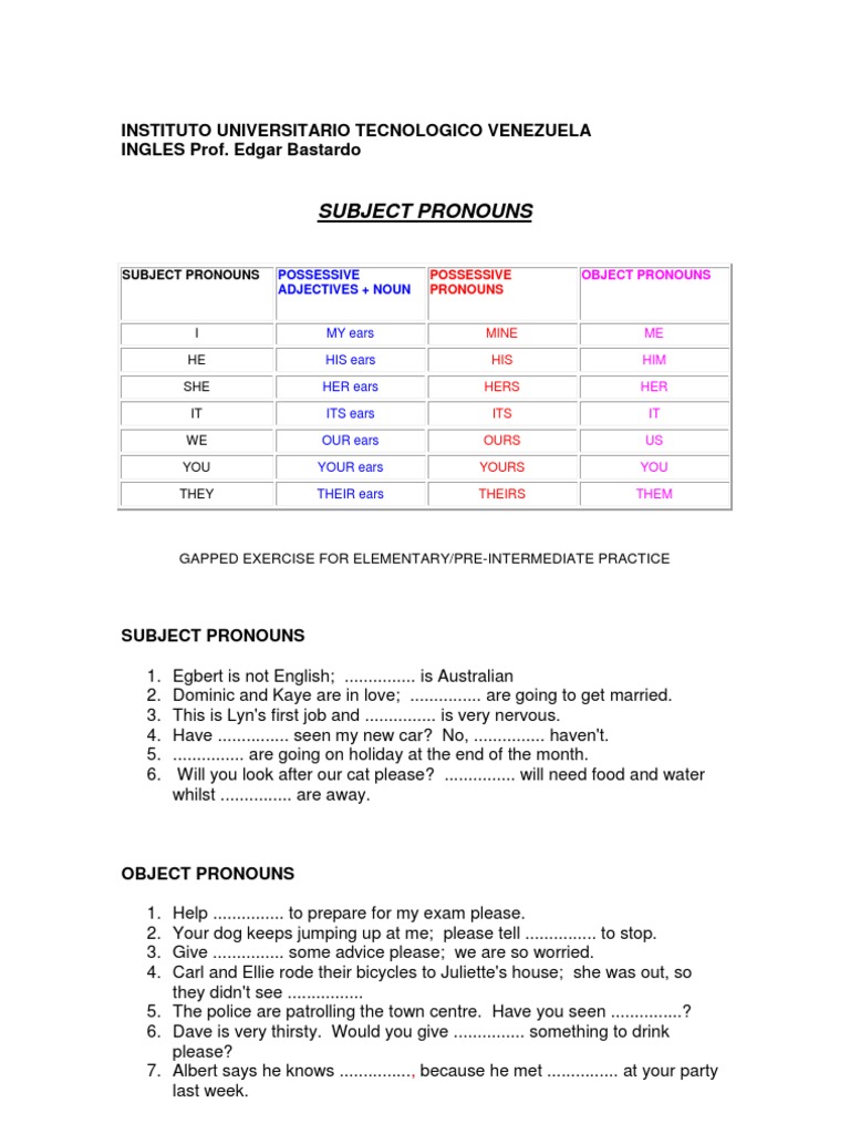 Subject Pronouns and Exercises Guide | PDF | Pronoun | Grammar