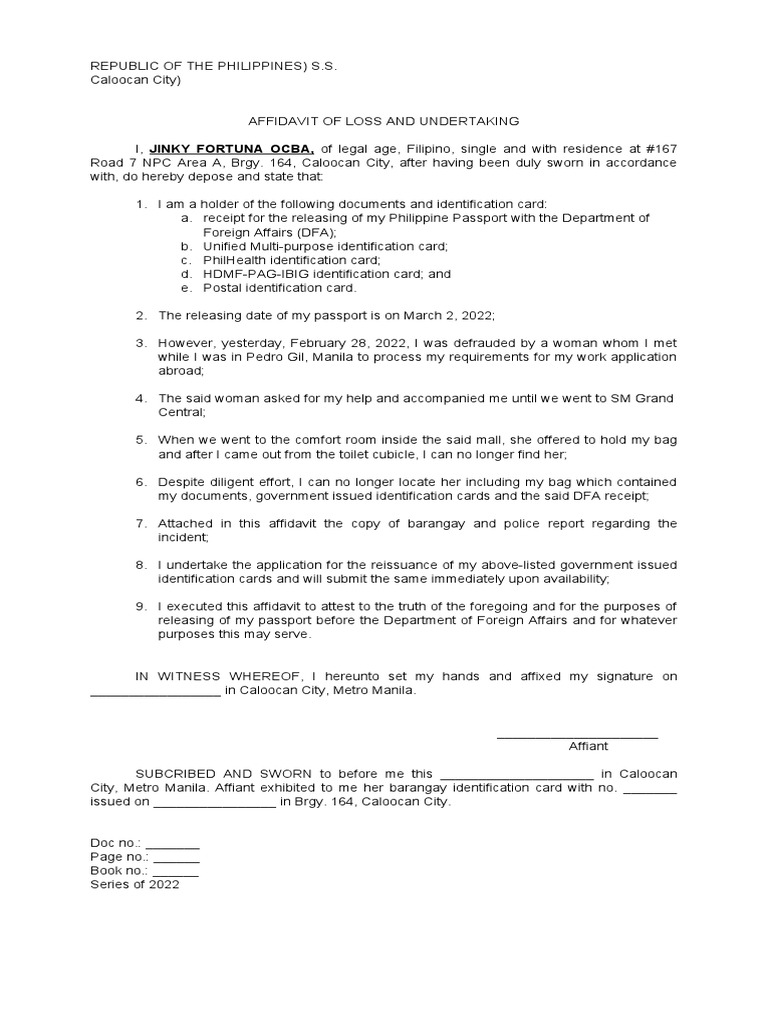 Affidavit of Loss for DFA Receipt | PDF | Affidavit | Identity Document