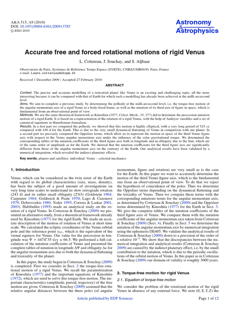 01 Accurate Free and Forced Rotational Motions of Rigid Venus | PDF ...