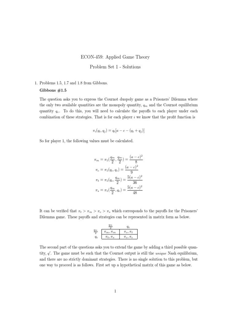 ECON-459: Applied Game Theory Problem Set 1 - Solutions | PDF ...