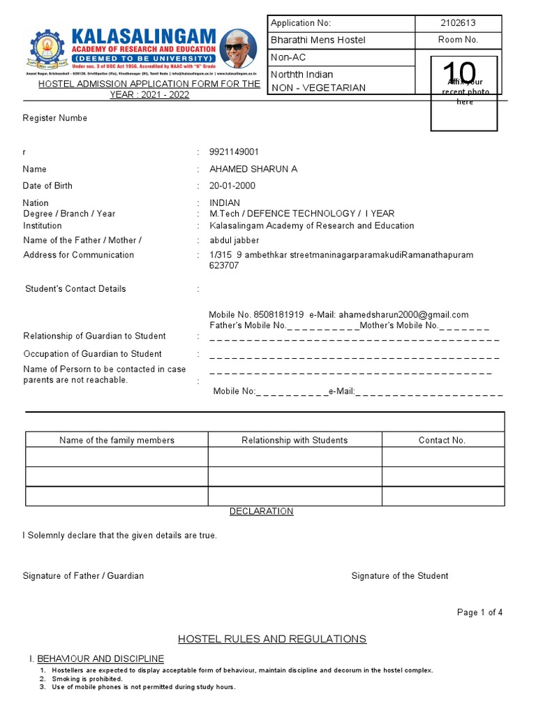 Hostel Admission Application Form 2021-22 | PDF | Security Guard | Surety