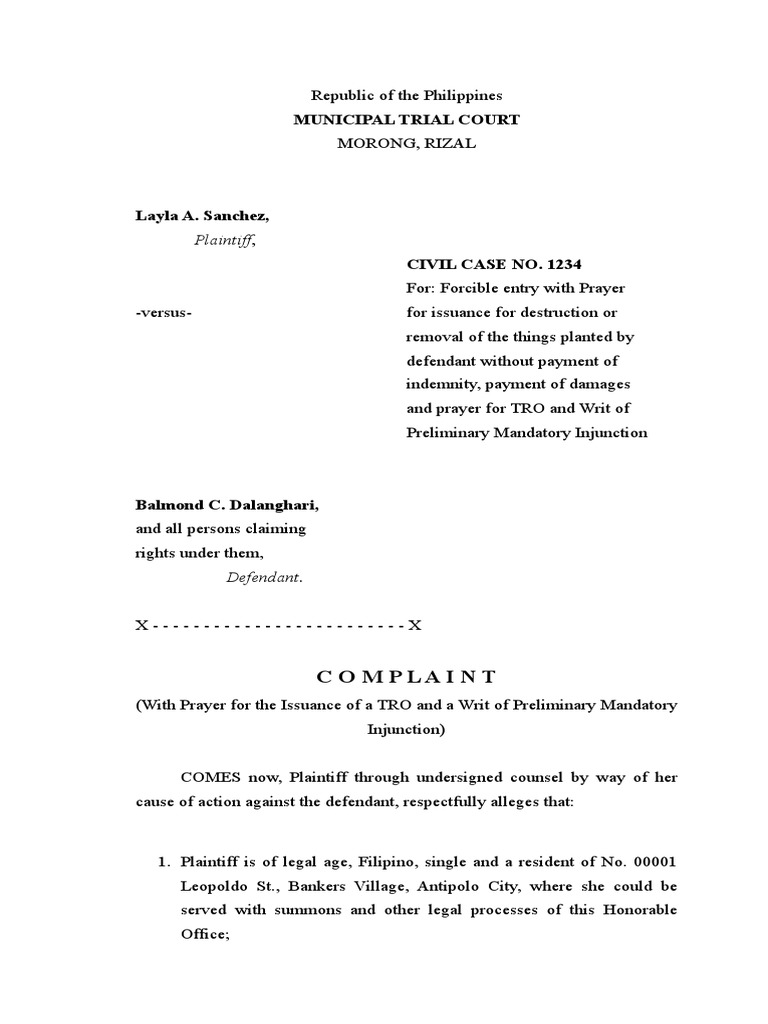 Forcible Entry Complaint and Injunction | PDF | Injunction | Complaint