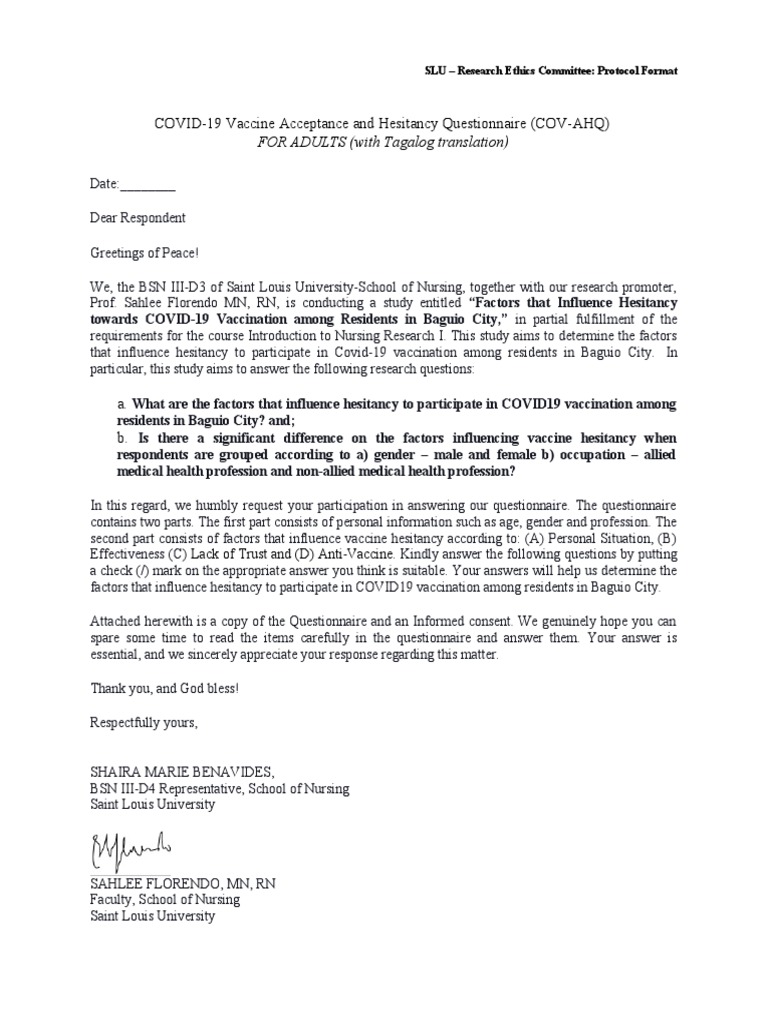 COVID-19 Vaccine Acceptance and Hesitancy Questionnaire (COV-AHQ) | PDF ...