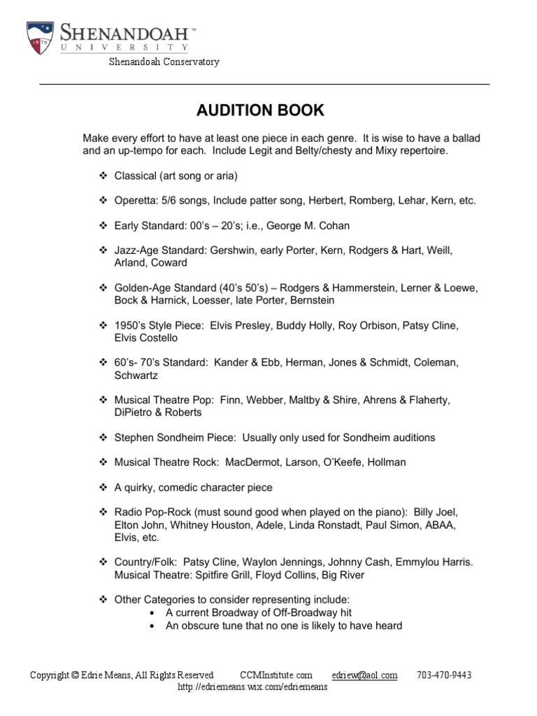 Audition Book Repertoire Genre List EdrieMeansWeekly | PDF