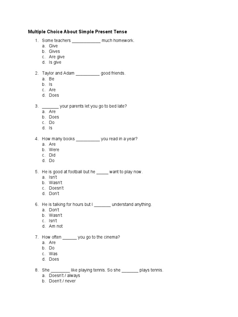 Simple Present Tense Multiple Choice Quiz | PDF | Linguistics