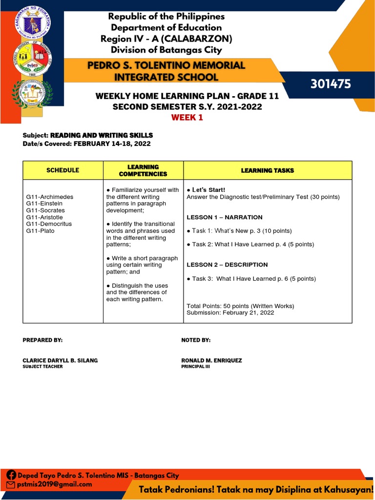 Grade 11 Weekly Learning Plan: Reading Skills | PDF