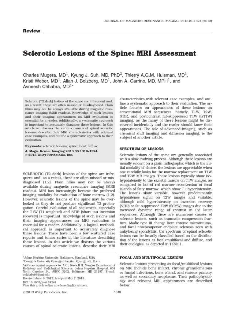 Sclerotic Lesions of The Spine MRI Assessment | PDF | Bone | Bone Marrow