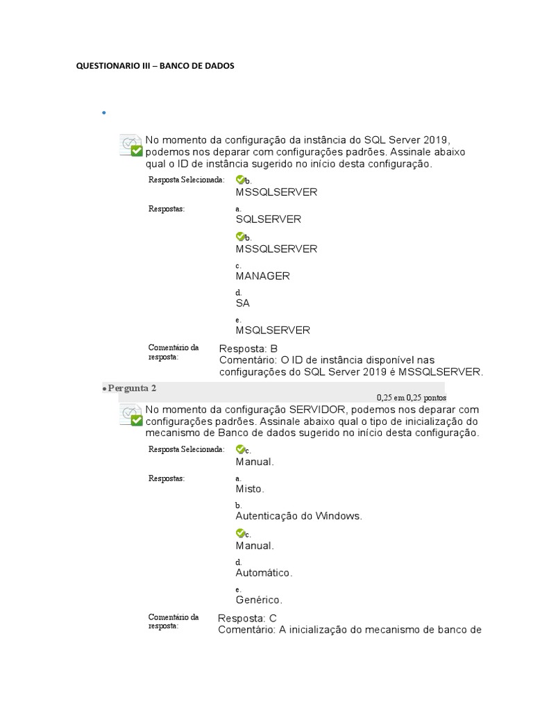 Questões sobre Configuração SQL Server | PDF | Microsoft SQL Server ...