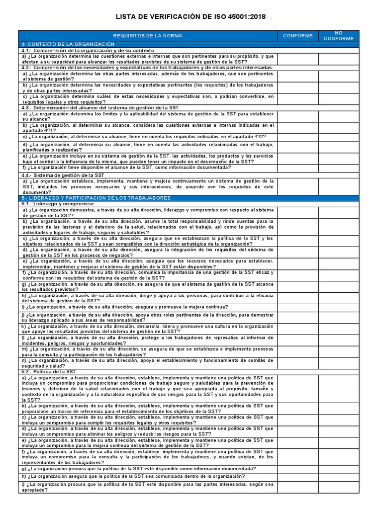 Lista de Verificación ISO 45001.2018 | PDF | Planificación | Evaluación