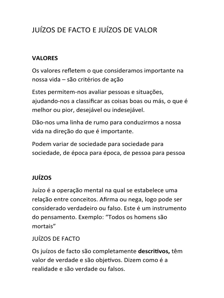 Juízos de Valor e de Facto Explicados | PDF